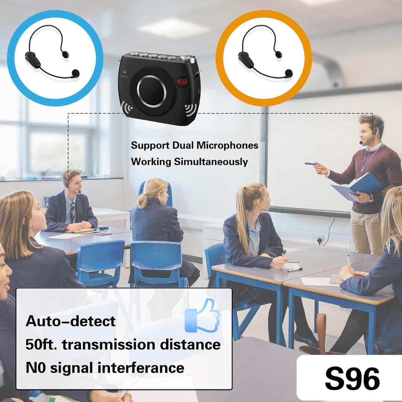 Alt view image 4 of 7 - W WINBRIDGE Wireless Voice Amplifier with Dual Bluetooth Microphones, Portable PA System for Teachers, 25W 8000mAh Rechargeable Megaphone Speaker with Headset, Ideal for Classroom, Public Speaking,S96