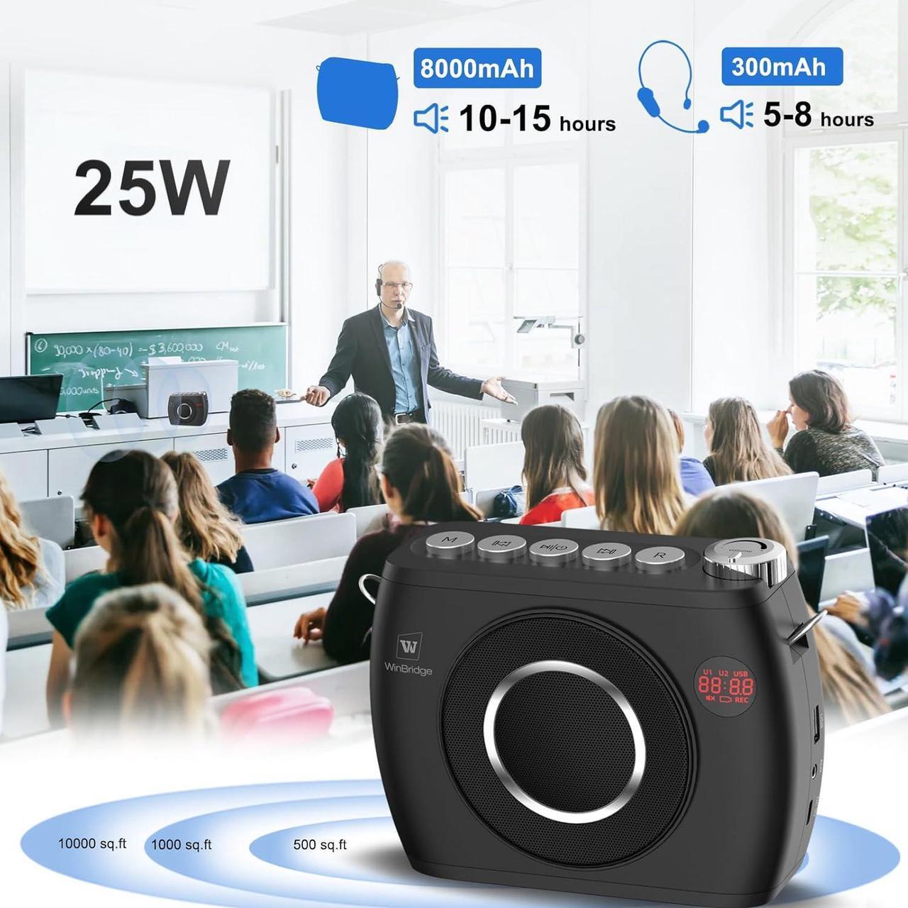 Alt view image 2 of 7 - W WINBRIDGE Wireless Voice Amplifier with Dual Bluetooth Microphones, Portable PA System for Teachers, 25W 8000mAh Rechargeable Megaphone Speaker with Headset, Ideal for Classroom, Public Speaking,S96