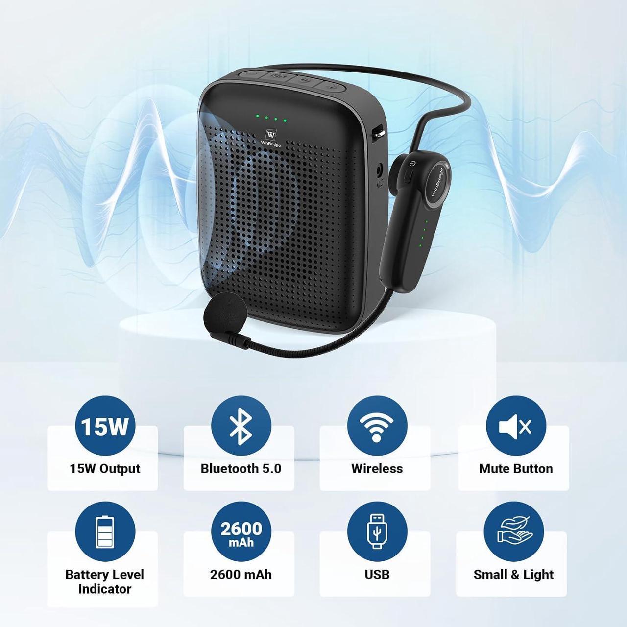 Alt view image 3 of 7 - W WINBRIDGE 00000Wireless Bluetooth Voice Amplifier for Teachers  15W Portable Mini Amplifier with Wireless Microphone Headset, Personal Mic for Classroom, Teaching, Training & Public Speaking  A002