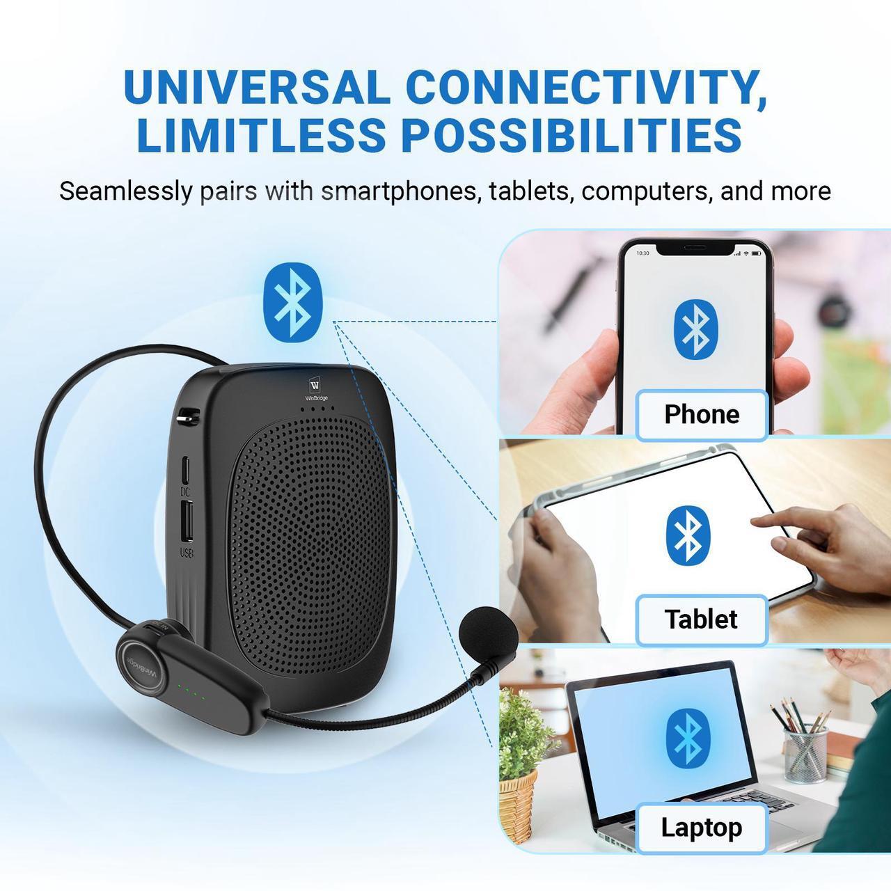 Alt view image 2 of 7 - W WINBRIDGE Wireless Voice Amplifier with Headset Microphone,Personal Wireless Bluetooth Amplifier with Mic,Teachers Microphone Wireless,Mini Megaphone Speaker,Portable PA System for Classroom C002
