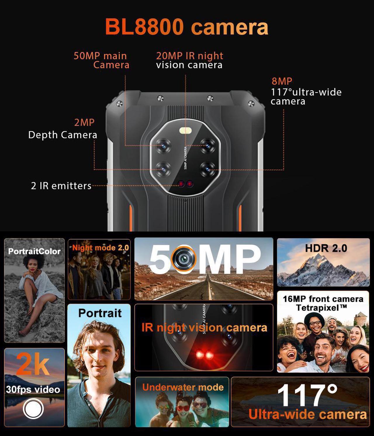 Alt view image 4 of 7 - Blackview BL8800 Rugged Phone Infrared Night Vision Camera 8GB + 128GB Smartphone (orange)