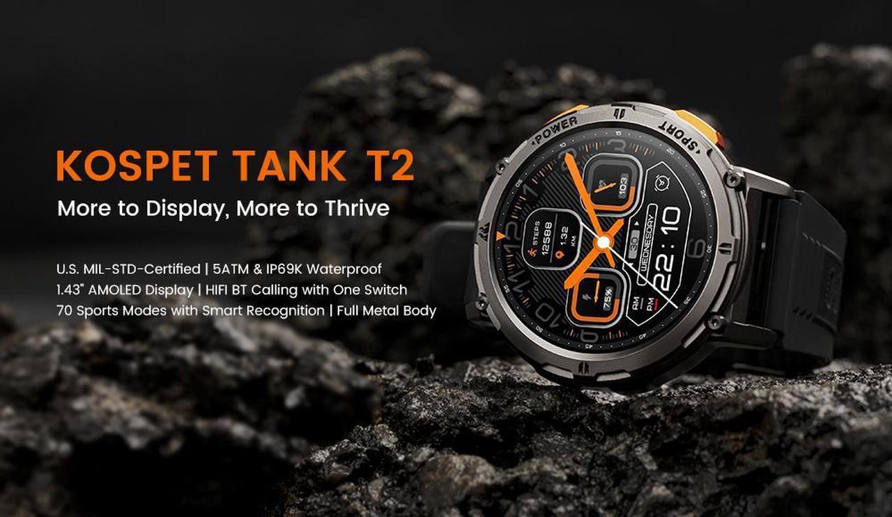 Alt view image 2 of 7 - 2023 KOSPET TANK T2 Military Smartwatch Men Women Electronic Digital Watch AI Voice Assistant Make Call AMOLED AOD 70 Sport Modes Bluetooth IP69K Waterproof SOS(silvery)