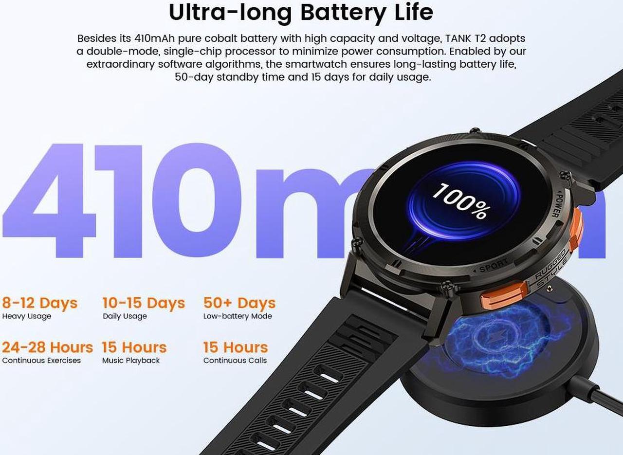 Alt view image 6 of 7 - 2023 KOSPET TANK T2 Military Smartwatch Men Women Electronic Digital Watch AI Voice Assistant Make Call AMOLED AOD 70 Sport Modes Bluetooth IP69K Waterproof SOS(silvery)