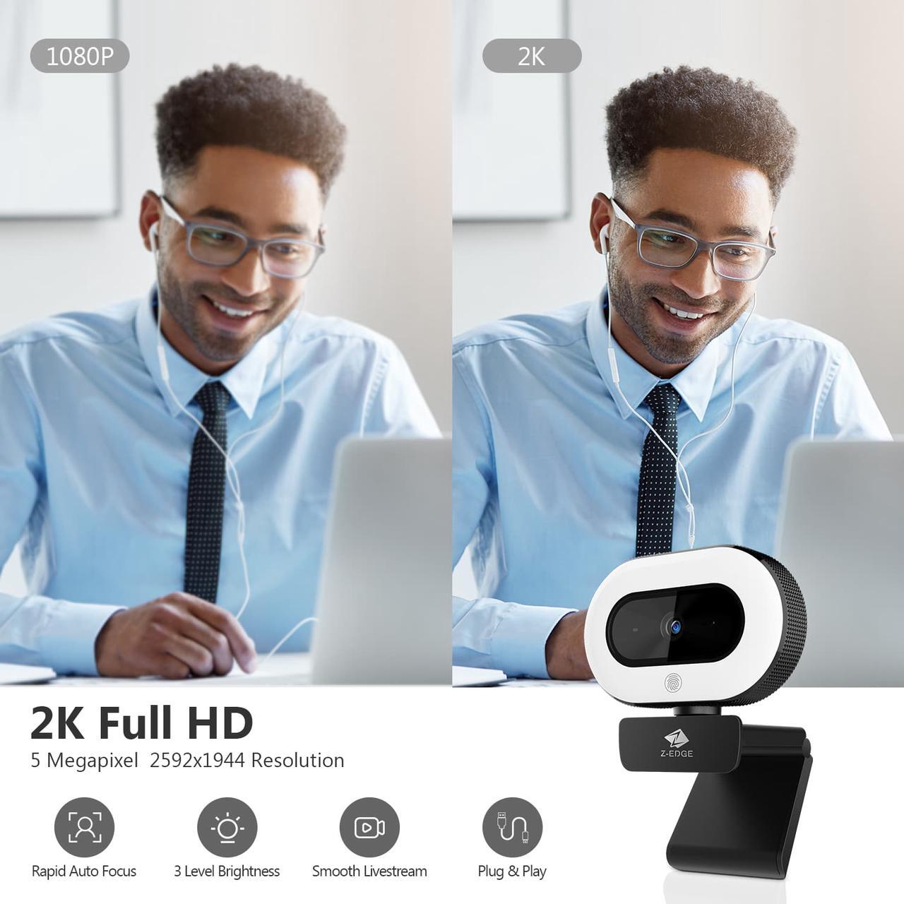 Alt view image 4 of 7 - Z-EDGE ZW560S QHD 2K Stream Webcam Auto Focus Web Camera for PC/Desktop/Laptop, Built-in Stereo Sound & Noise Reduction Mic, Plug & Play, Touch Control Ring Light, Compatible with Windows/Android/Mac