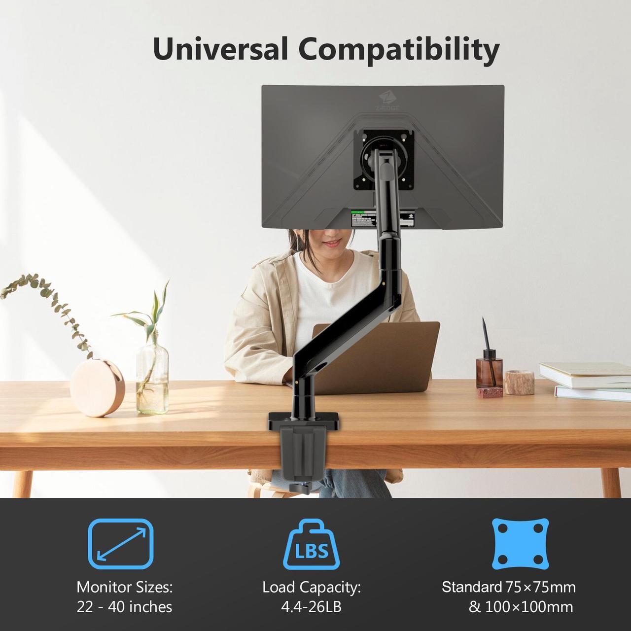 Alt view image 2 of 7 - Z-EDGE MS05 Single Mount Stand Arm, Supports 22"- 40" monitors and 26 lbs, 360° Adjustable, 75x75mm/100x100mm,Clamp & Grommet Base