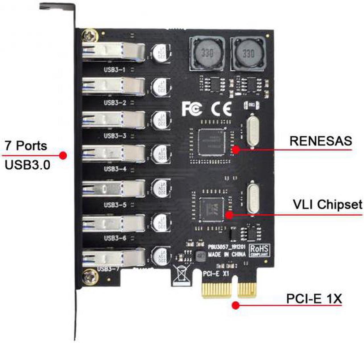Alt view image 3 of 7 - Xiwai Cable 7 Ports PCI-E to USB 3.0 HUB PCI Express Expansion Card Adapter 5Gbps for Motherboard