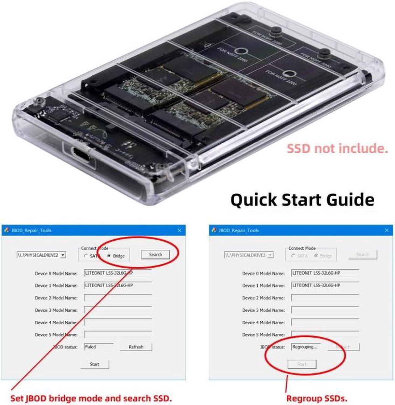 Alt view image 5 of 7 - Chenyang Dual NGFF B+M-Key M.2 SSD Card JBOD Raid0 Span Bridge to USB3.0 Type-C USB-C 2.5inch SATA Combo Enclosure