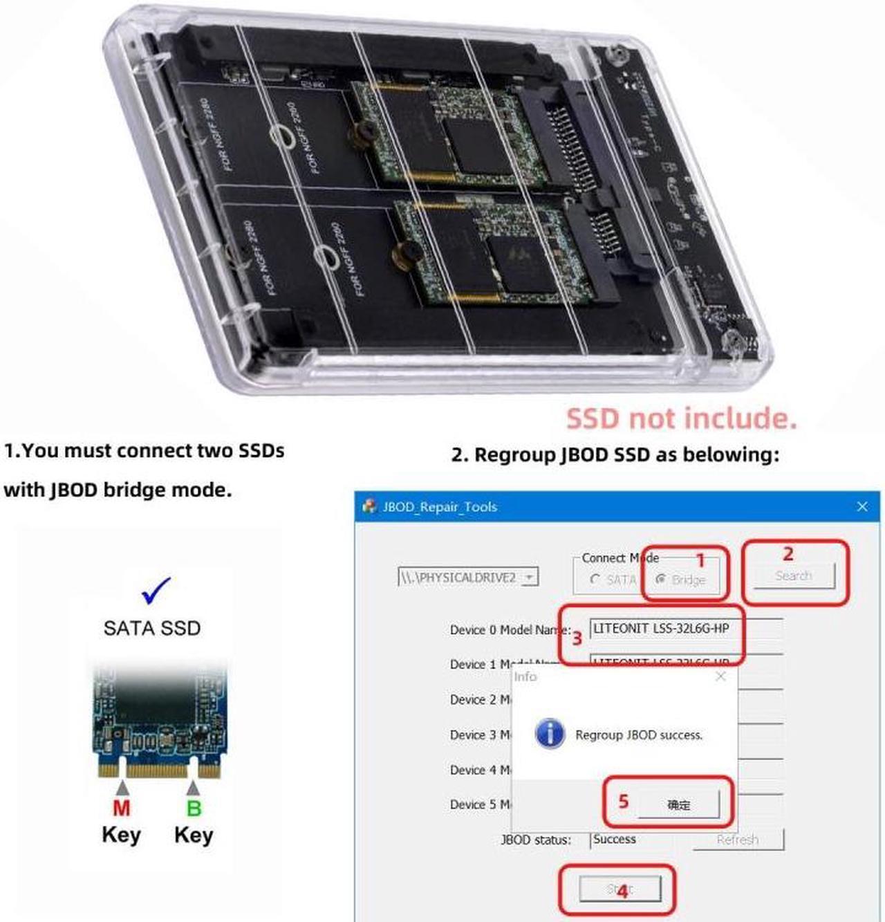Alt view image 7 of 7 - Chenyang Dual NGFF B+M-Key M.2 SSD Card JBOD Raid0 Span Bridge to USB3.0 Type-C USB-C 2.5inch SATA Combo Enclosure