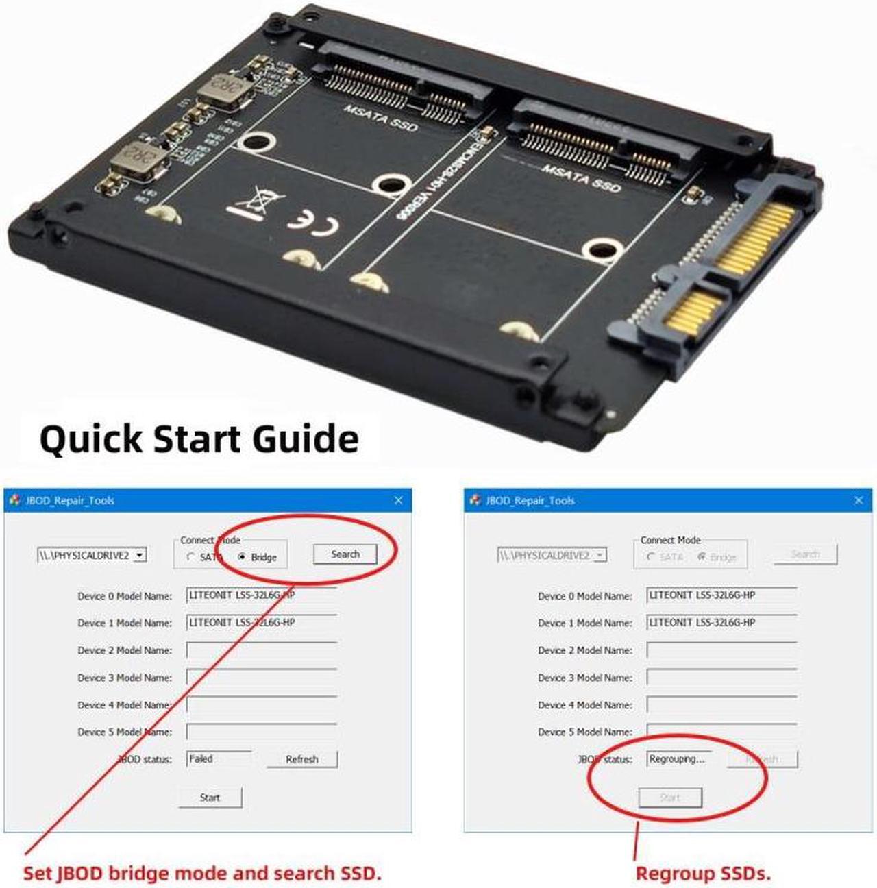 Alt view image 3 of 7 - Jimier Dual MSATA Mini-SATA SSD Card JBOD Raid0 Span Bridge to 2.5inch SATA Combo HDD Disk Drive Enclosure
