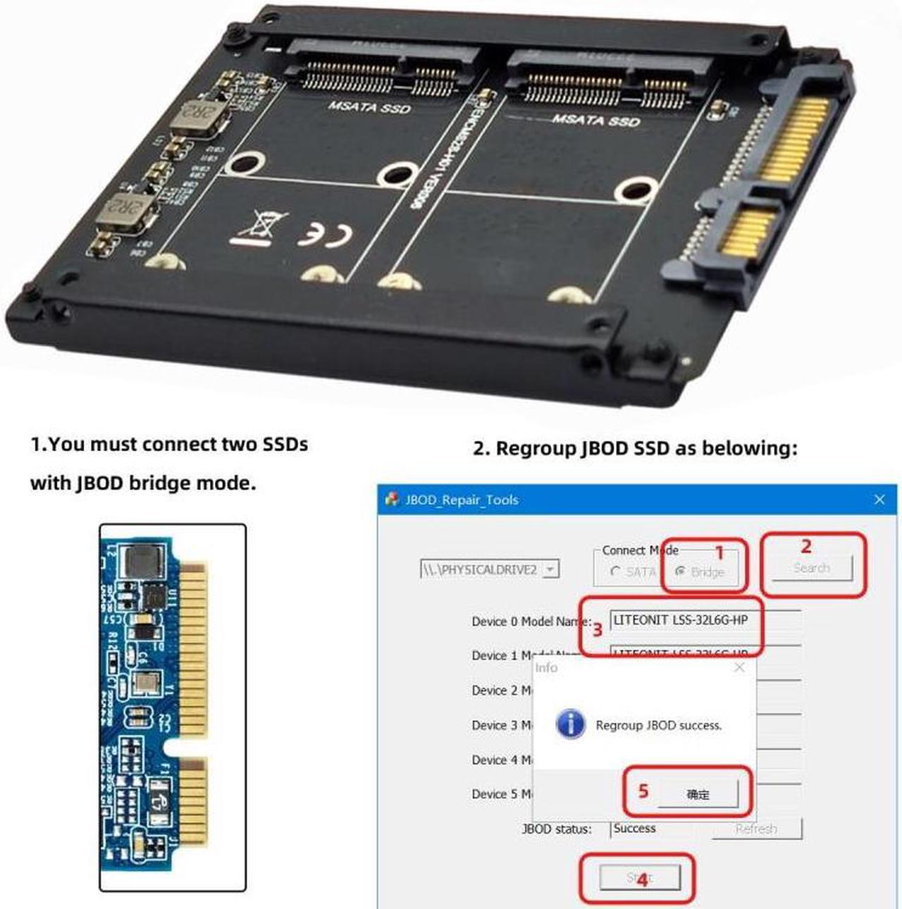 Alt view image 7 of 7 - Jimier Dual MSATA Mini-SATA SSD Card JBOD Raid0 Span Bridge to 2.5inch SATA Combo HDD Disk Drive Enclosure