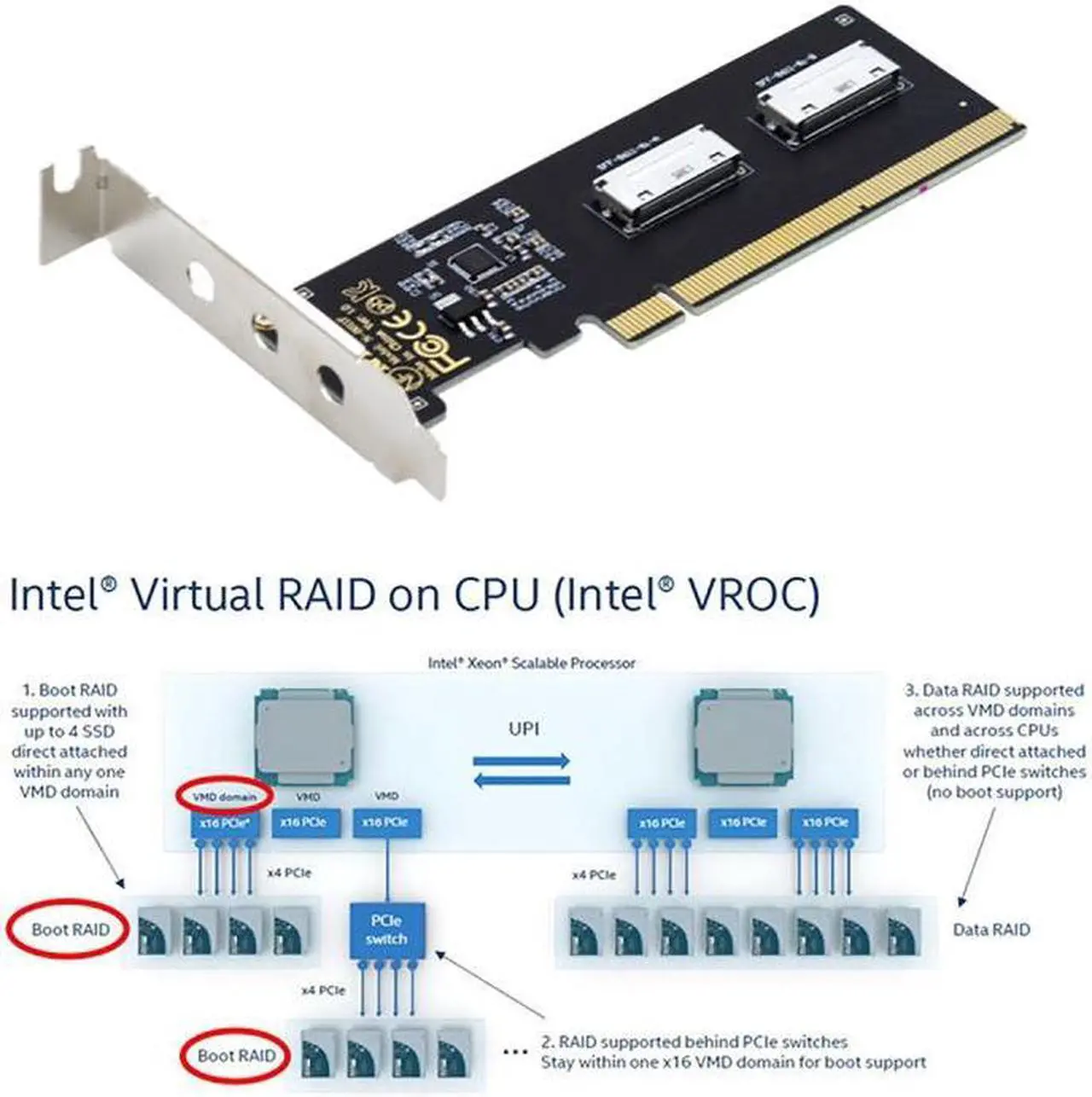 Alt view image 4 of 7 - HKCY PCIE PCI-Express 16x to Dual Oculink SFF-8612 SFF-8611 8x VROC Adapter for Mainboard SSD Graphics Card