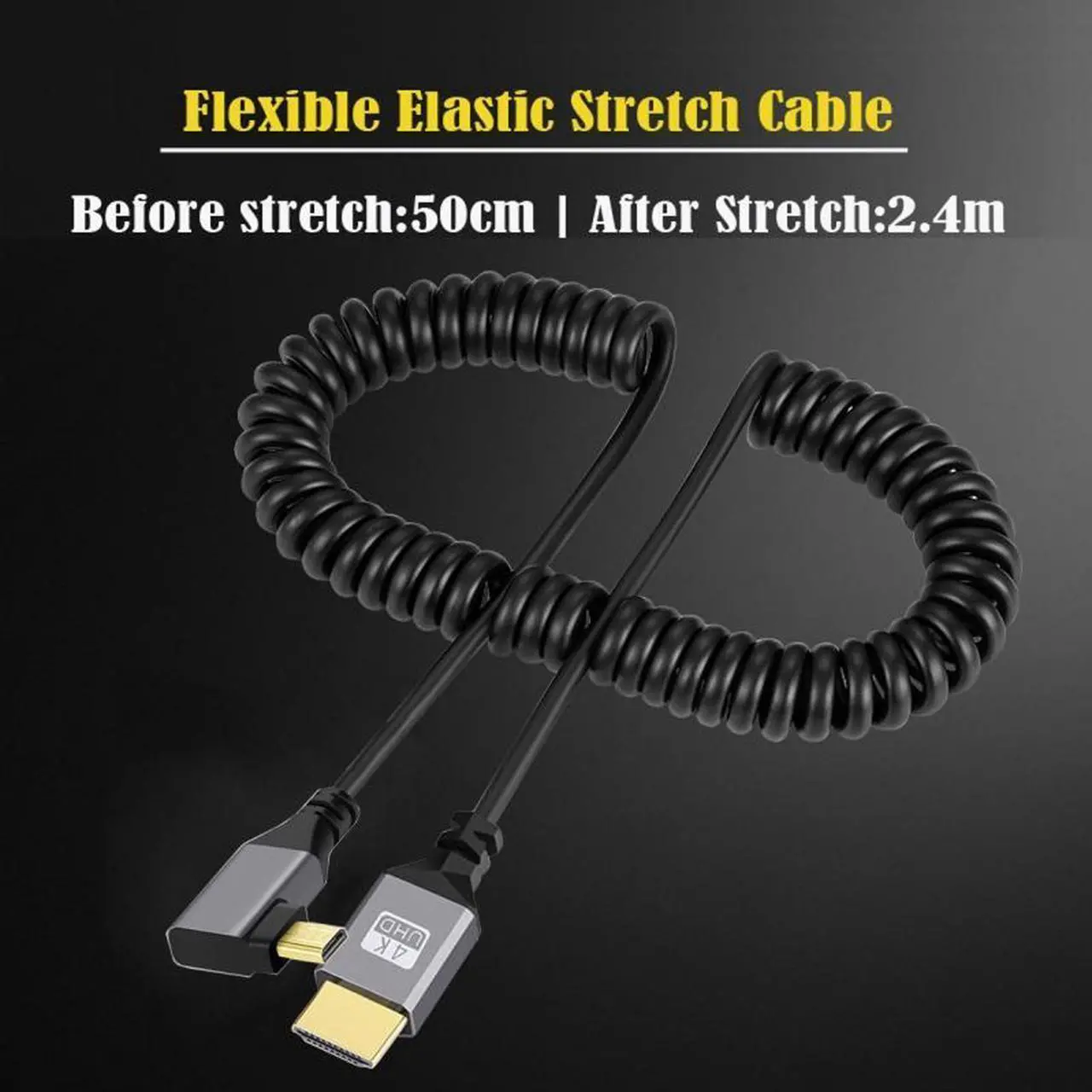 Alt view image 6 of 7 - Cablecc Micro HDMI 2.0 Male to HDMI Male 4K 60hz Stretch Coiled Cable Right Angled 90 Degree for HDTV Computer Laptop Monitor