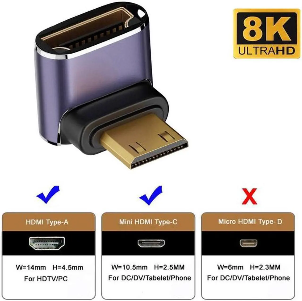 Alt view image 3 of 7 - Jimier Down Angled Mini HDMI Male to HDMI 2.1 Female UHD Extension Gold Converter Adapter Support 8K 60hz HDTV
