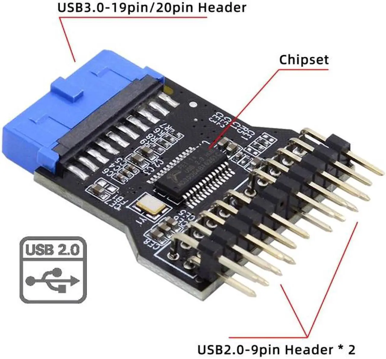 Alt view image 6 of 7 - Cablecc Motherboard 19pin USB 3.0 Header 1 to 2 USB2.0 9Pin Female Extension HUB Connector Adapter Port Multilier