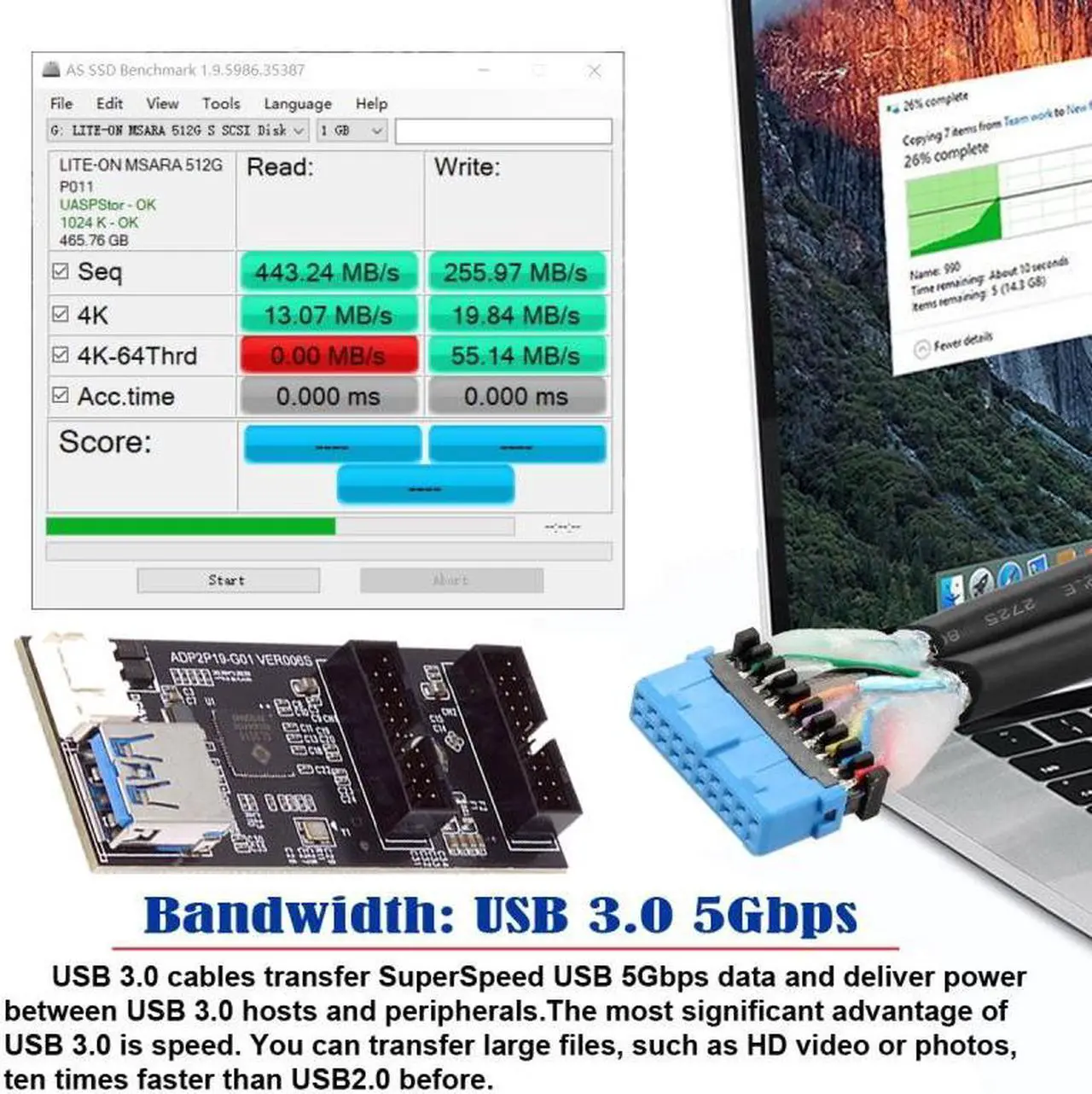Alt view image 3 of 7 - Cablecc Single 19/20Pin Header to USB 3.0 19/20Pin Dual Ports Female PCBA Type Adapter Splitter HUB 5Gbps