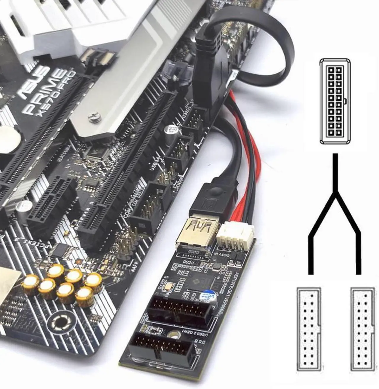 Alt view image 6 of 7 - Cablecc Single 19/20Pin Header to USB 3.0 19/20Pin Dual Ports Female PCBA Type Adapter Splitter HUB 5Gbps
