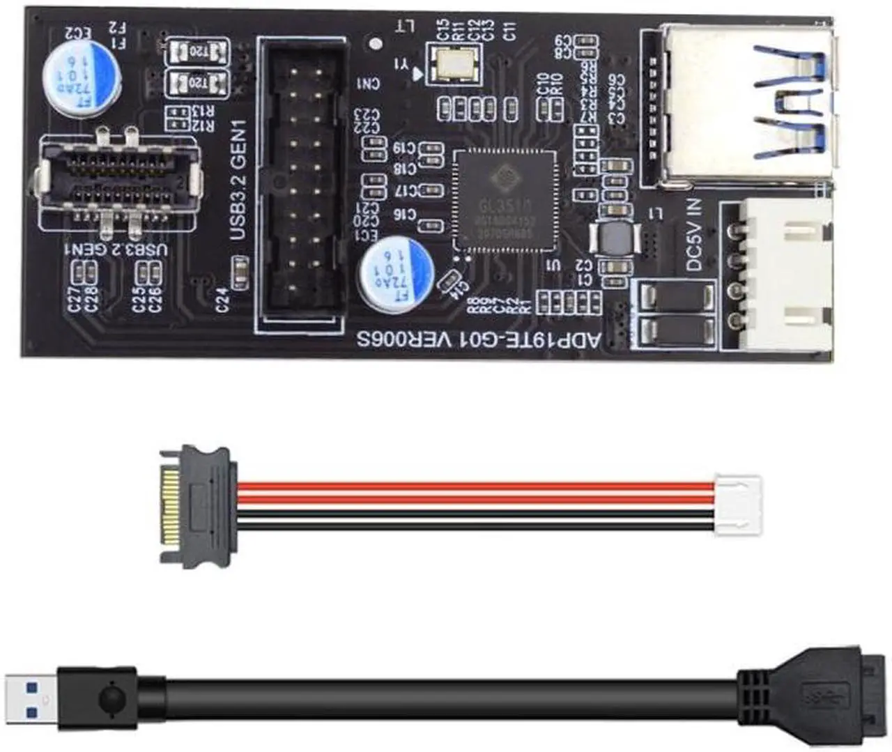 Alt view image 2 of 7 - Jimier Single 19/20Pin Header to USB 3.0 20Pin & Type-E Dual Ports Female PCBA Type Adapter Splitter HUB 5Gbps