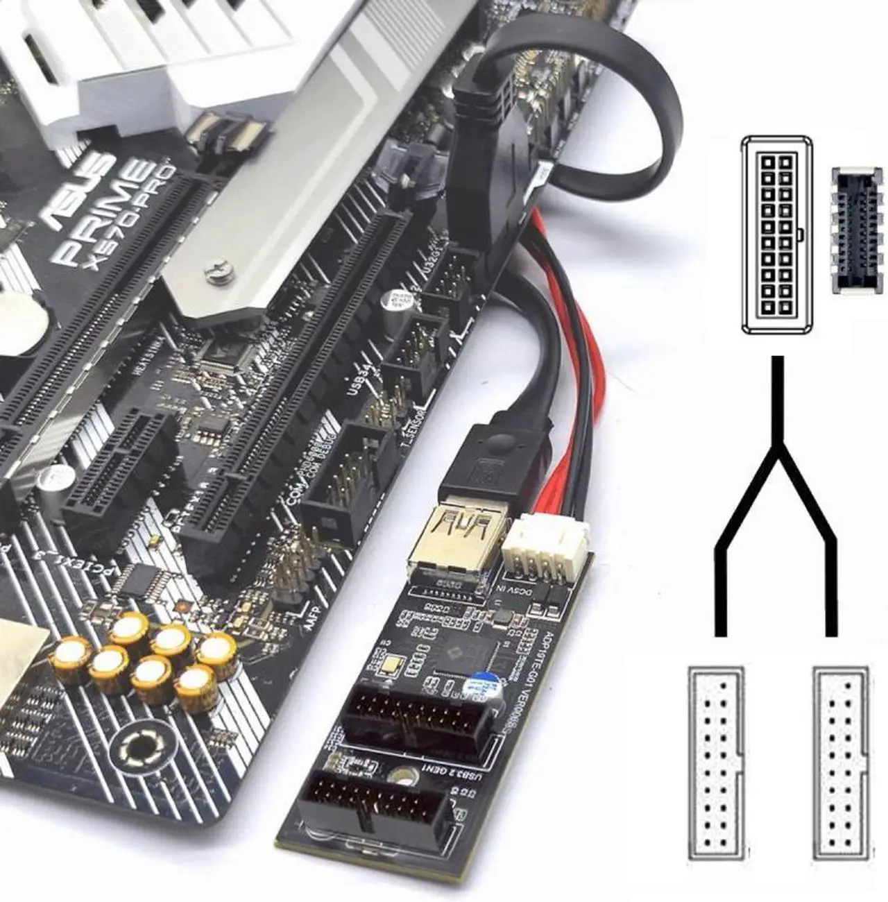 Alt view image 7 of 7 - Chenyang Type-E or 19/20Pin Header to USB 3.0 19/20Pin Dual Ports Female PCBA Type Adapter Splitter HUB 5Gbps
