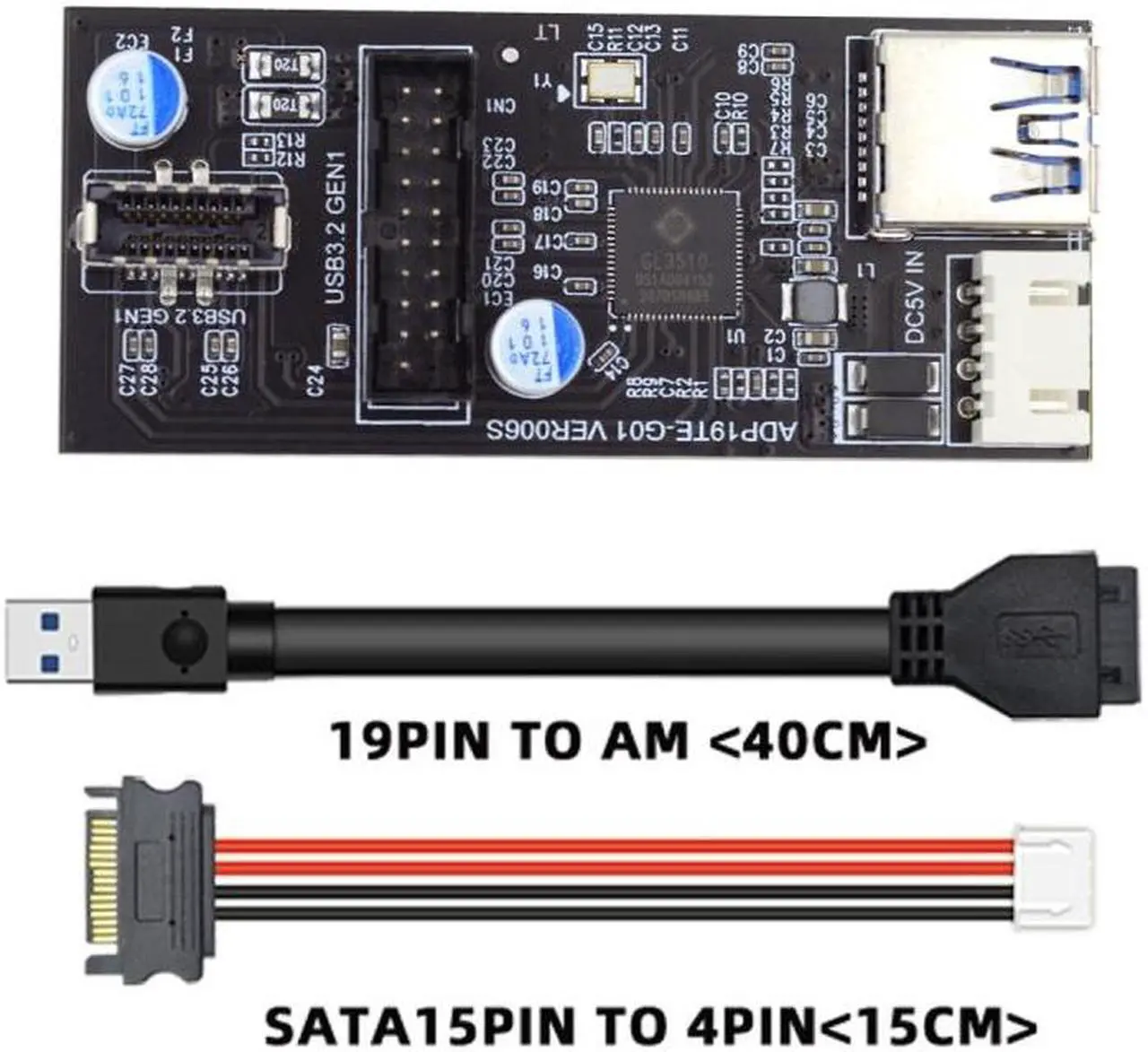 Alt view image 5 of 7 - Jimier Single 19/20Pin Header to USB 3.0 20Pin & Type-E Dual Ports Female PCBA Type Adapter Splitter HUB 5Gbps
