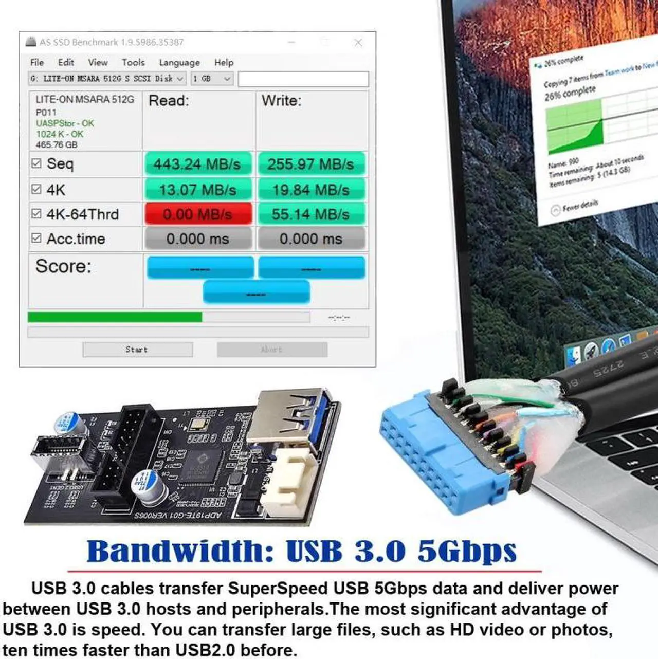 Alt view image 4 of 7 - Jimier Single 19/20Pin Header to USB 3.0 20Pin & Type-E Dual Ports Female PCBA Type Adapter Splitter HUB 5Gbps