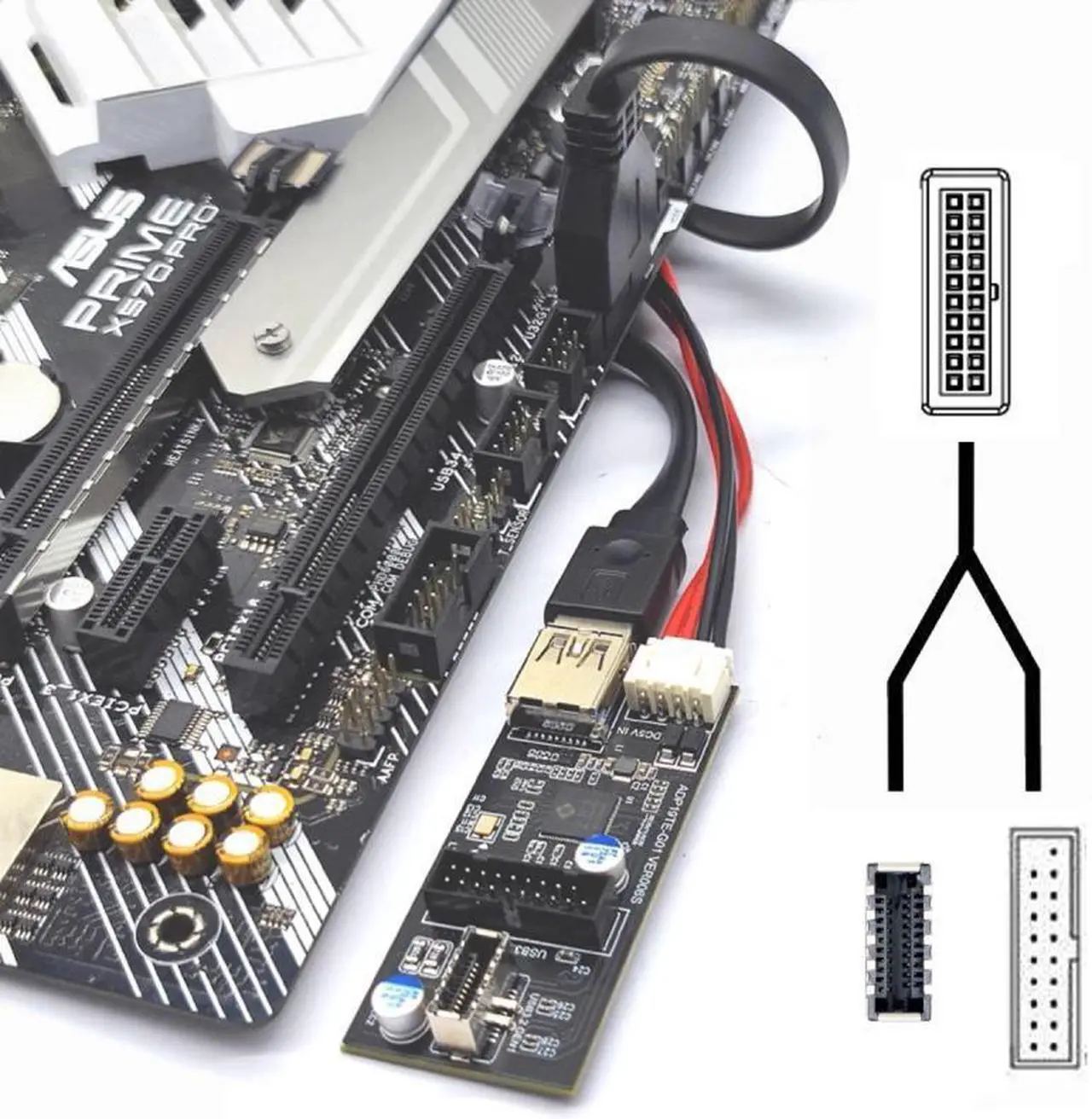 Alt view image 7 of 7 - Jimier Single 19/20Pin Header to USB 3.0 20Pin & Type-E Dual Ports Female PCBA Type Adapter Splitter HUB 5Gbps