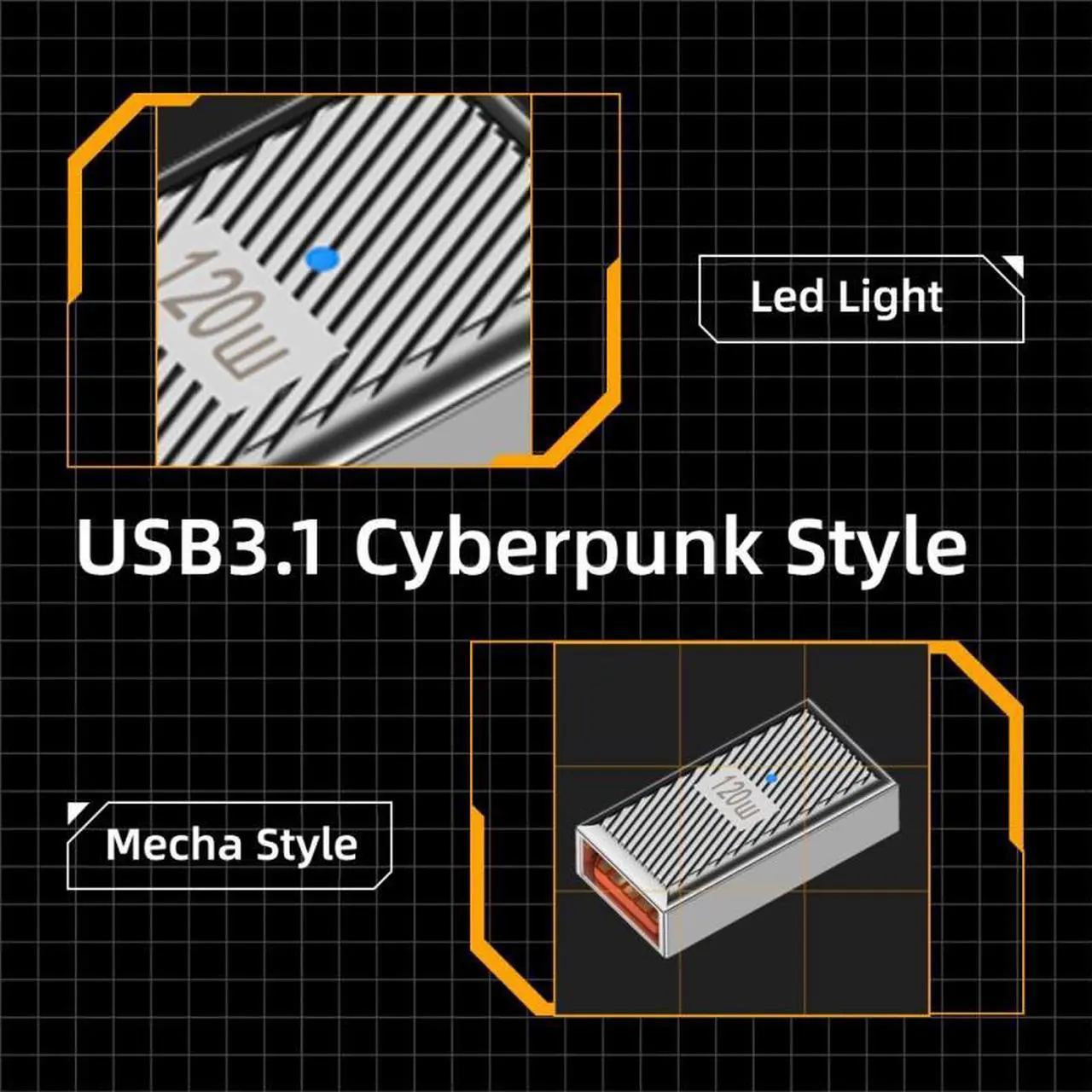 Alt view image 7 of 7 - HKCY USB-C USB 3.1 Type C Male to USB 3.0 A Female 10Gbps OTG Data 120W Power Adapter Alloy Shell Mecha Cyberpunk Style