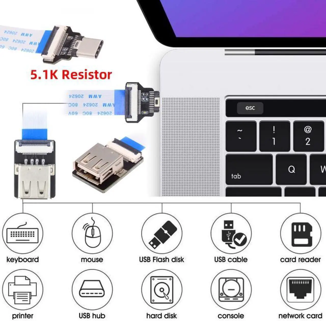Alt view image 7 of 7 - Cablecc OTG USB-C Type-C Male Host to USB 2.0 Type-A Female Target Data Flat Slim FPC Cable 13cm for FPV Disk Phone Laptop