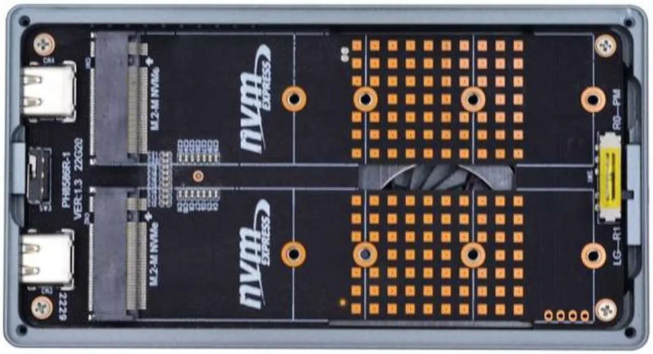 Main image of Jimier Dual NVME M.2 NGFF M-Key to USB-C Type-C Raid0 Raid1 JBOD Big Enclosure 20Gbps with Fan Raid0 Hyper Adapter
