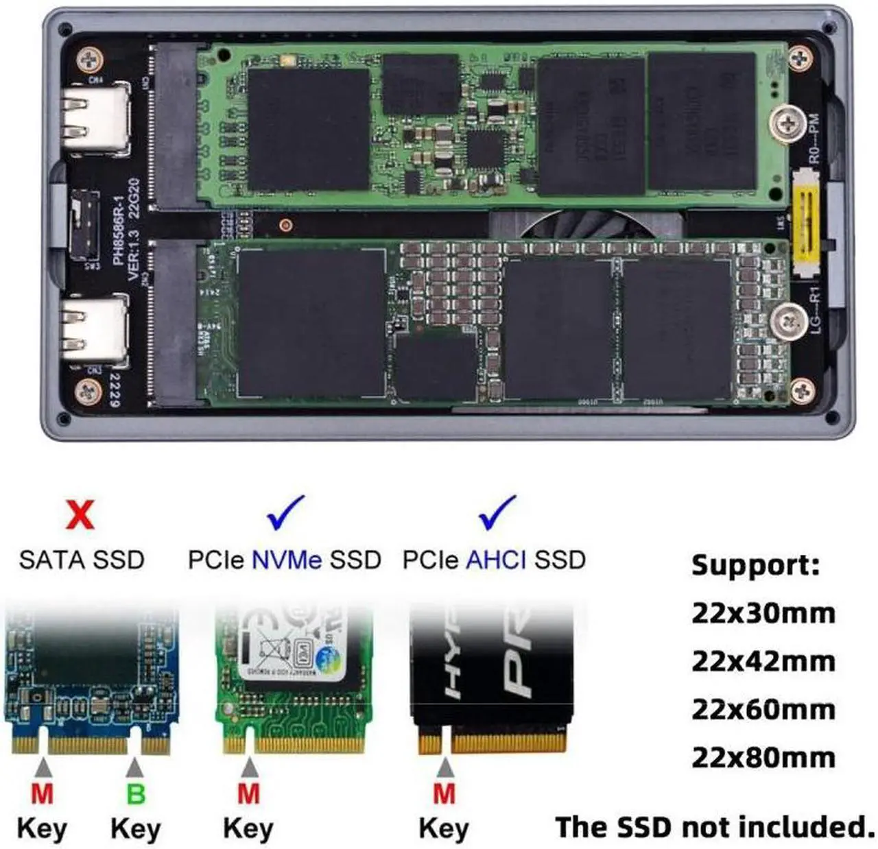 Alt view image 4 of 7 - Jimier Dual NVME M.2 NGFF M-Key to USB-C Type-C Raid0 Raid1 JBOD Big Enclosure 20Gbps with Fan Raid0 Hyper Adapter