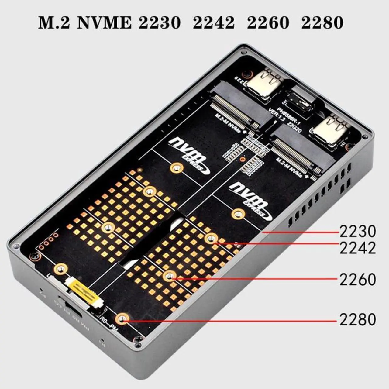 Alt view image 5 of 7 - Jimier Dual NVME M.2 NGFF M-Key to USB-C Type-C Raid0 Raid1 JBOD Big Enclosure 20Gbps with Fan Raid0 Hyper Adapter
