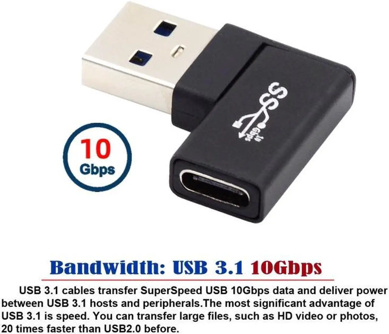 Alt view image 7 of 7 - Jimier USB-C Type C Female to USB 3.0 A Male Data Adapter Flat Horizontal 90 Degree Left Angled  for Laptop Desktop
