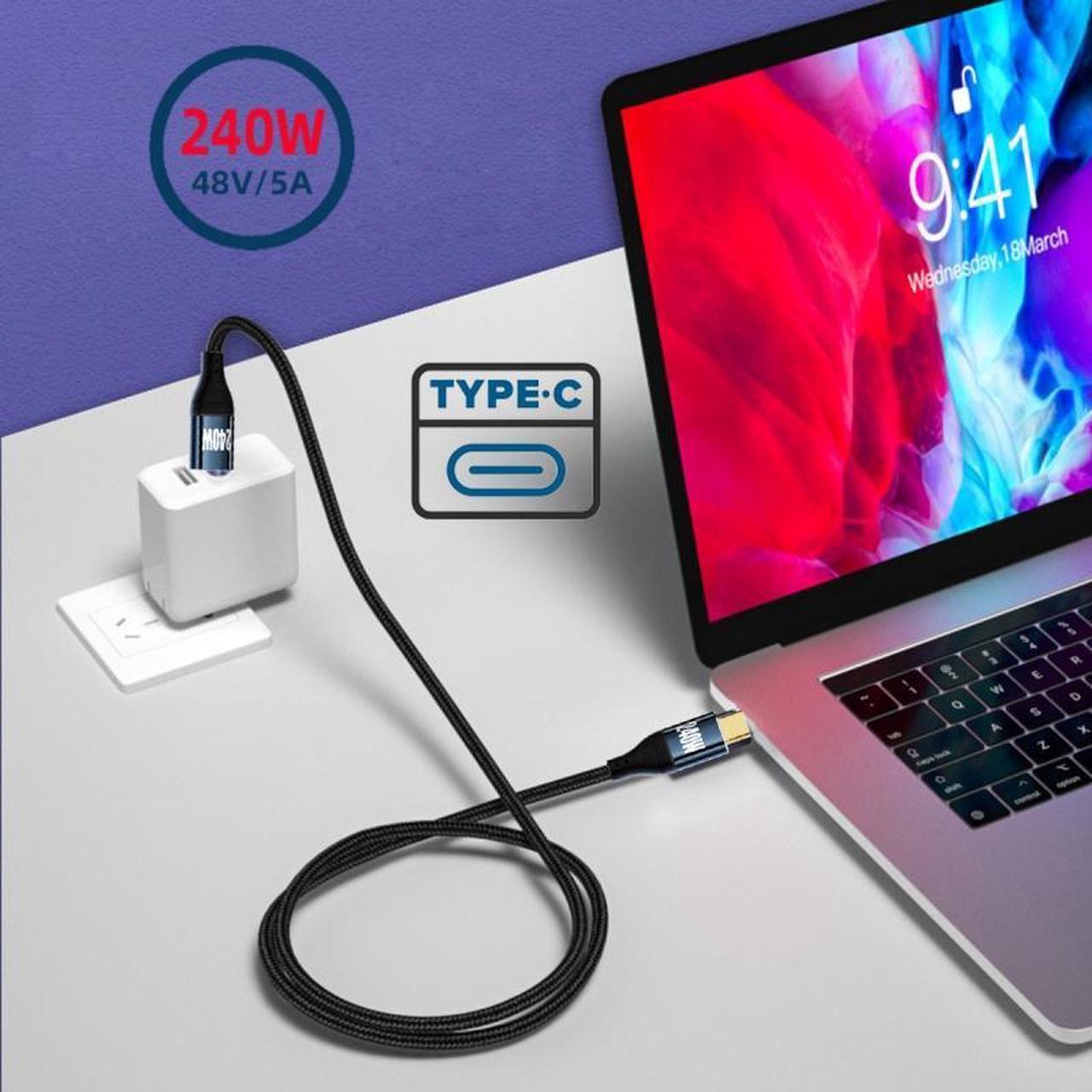 Alt view image 6 of 7 - Cablecc 0.5M USB-C 240W Type-C Cable 480Mbps 48V 5A Low Profile Angled 90 Degree Compatible with USB2.0 100W Charging for Laptop Tablet Phone