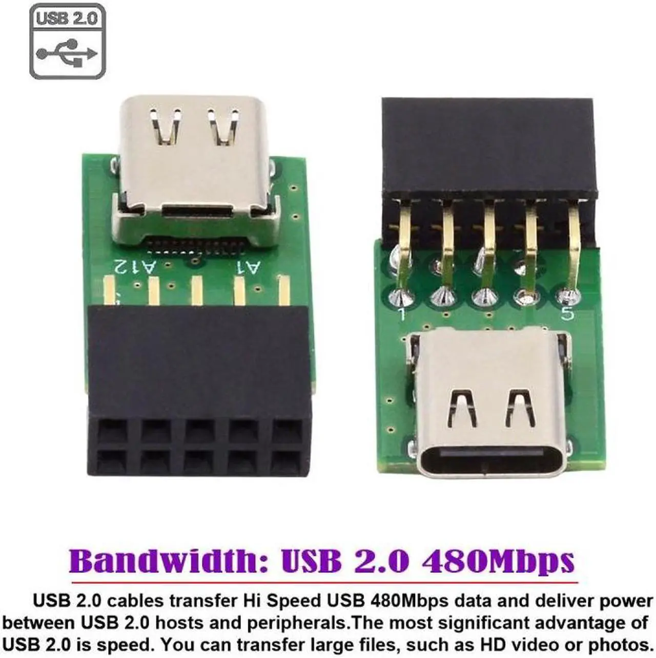 Alt view image 6 of 7 - HKCY Single Port USB 3.1 Type C USB-C Female to USB 2.0 Motherboard 9pin 10pin Header Adapter PCBA 480Mbps