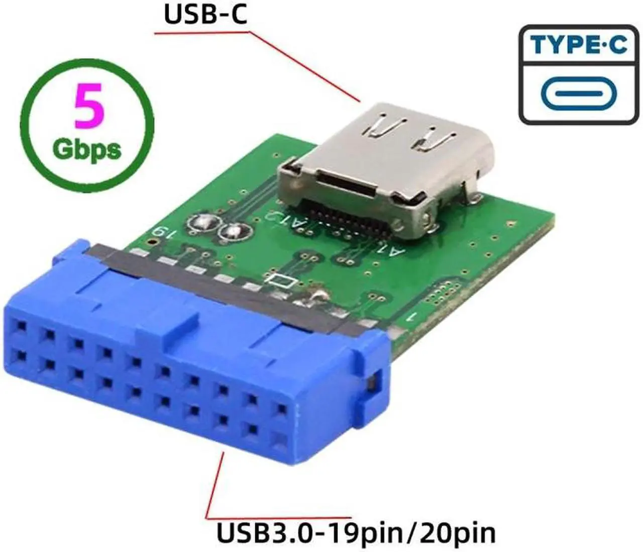 Alt view image 5 of 7 - HKCY Single Port USB 3.1 Type C USB-C Female to USB 3.0 Motherboard 19pin 20pin Header Adapter PCBA 5Gbps