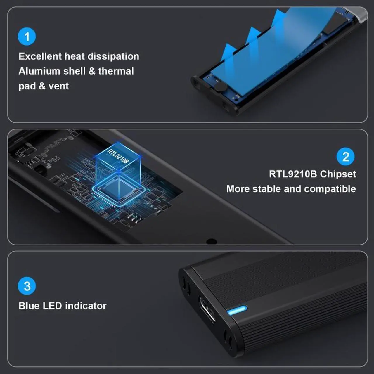 Alt view image 7 of 7 - Cablecc USB 3.0 USB-C Type-C to NVME M-key M.2 NGFF SATA SSD External PCBA Case Enclosure RTL9210B Chipset