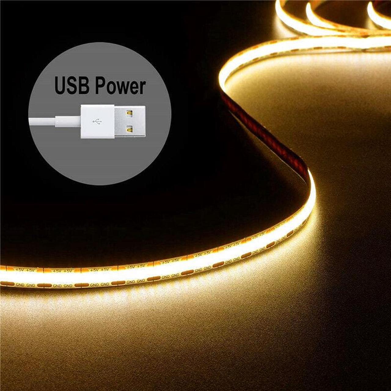 Main image of USB 5V LED Strip Lights 5ft, 480 LEDs COB Strip Light 3000K 1200lm, Warm White