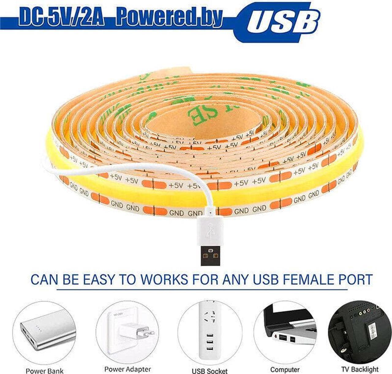 Alt view image 2 of 6 - USB 5V LED Strip Lights 5ft, 480 LEDs COB Strip Light 3000K 1200lm, Warm White