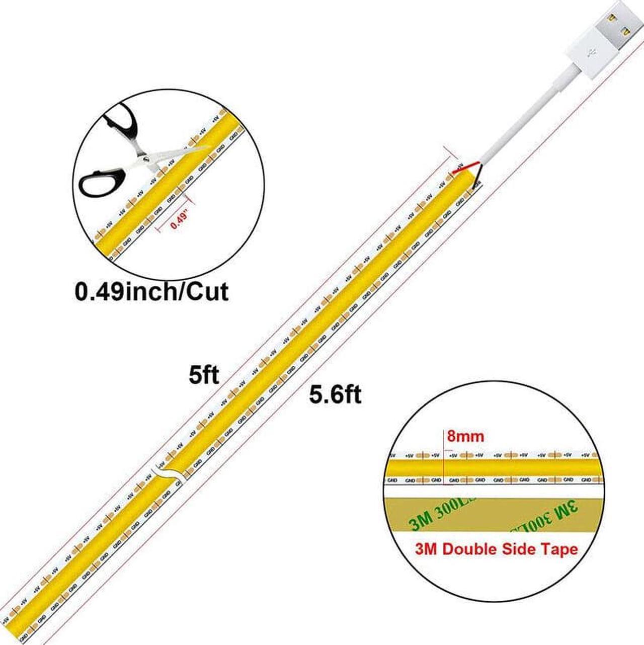 Alt view image 4 of 6 - USB 5V LED Strip Lights 5ft, 480 LEDs COB Strip Light 3000K 1200lm, Warm White