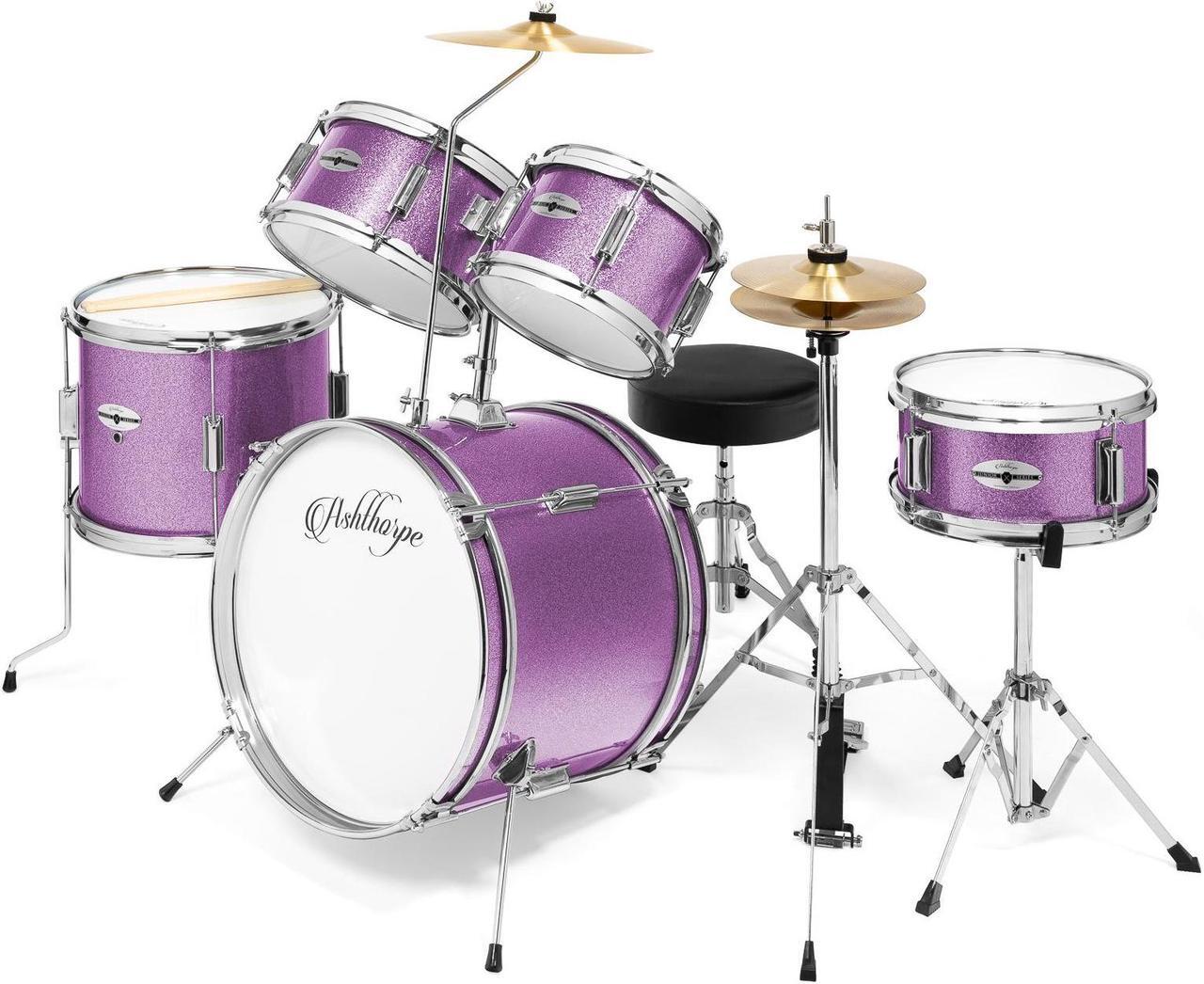 Main image of Ashthorpe 5-Piece Complete Junior Drum Set with Genuine Brass Cymbals - Advanced Beginner Kit with 16" Bass, Adjustable Throne, Cymbals, Hi-Hats, Pedals & Drumsticks - Purple