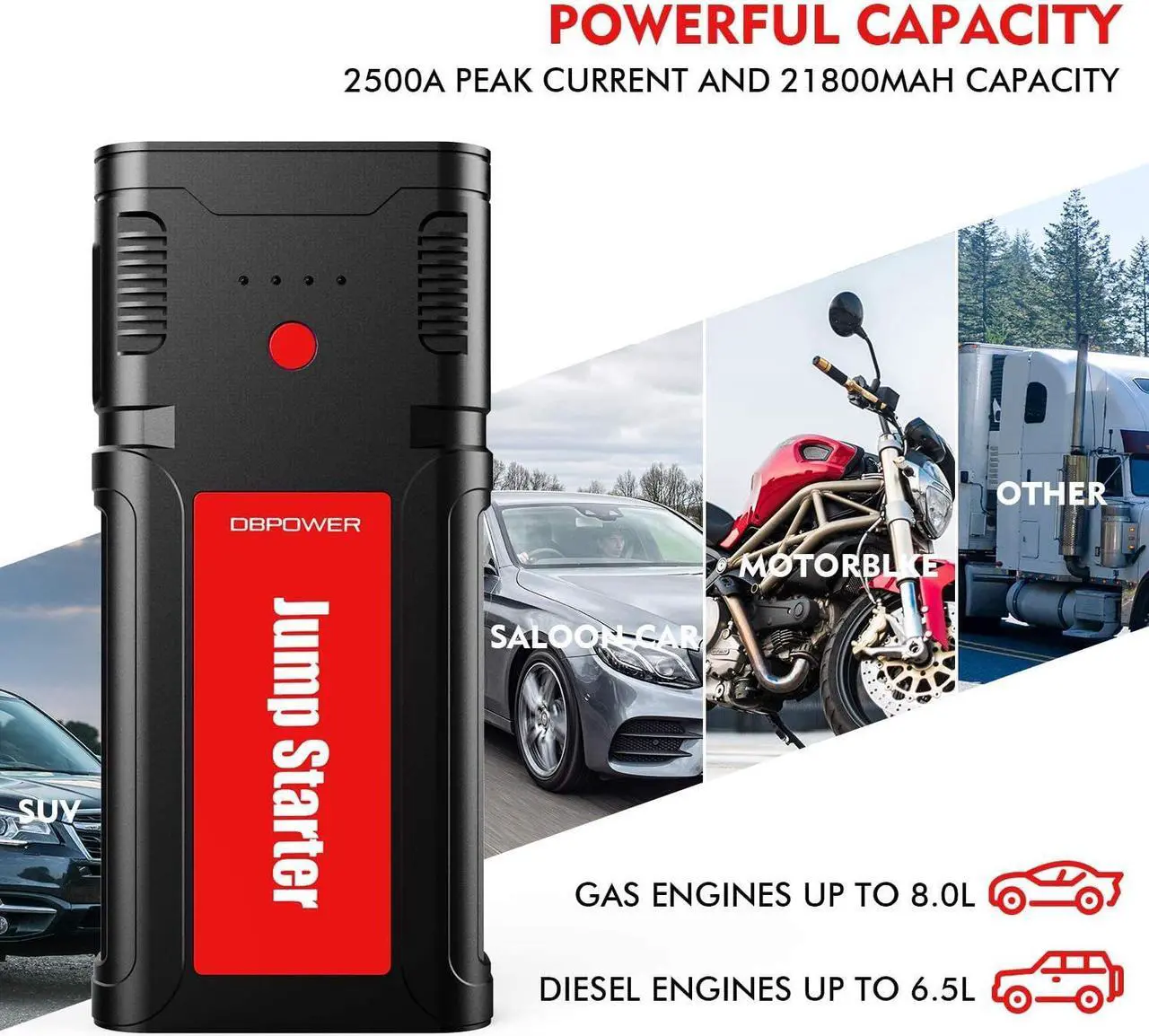 Alt view image 2 of 5 - DBPOWER Car Battery Jump Starter 2500A 21800mAh - for up to 8.0L Gasoline/6.5L Diesel Engines, Portable 12V Auto Battery Booster, Power Pack, Quick Charging