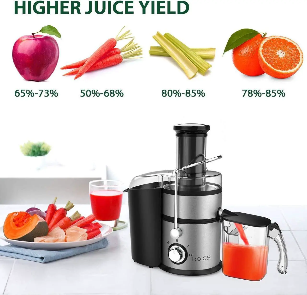 Alt view image 3 of 7 - KOIOS Centrifugal Juicer Machines, Juice Extractor with Big Mouth 3” Feed Chute, 304 Stainless-steel Filter Best Seller Juicer 2020, High Juice yield, Easy to Clean&100% BPA-Free, 1200W&Powerful.