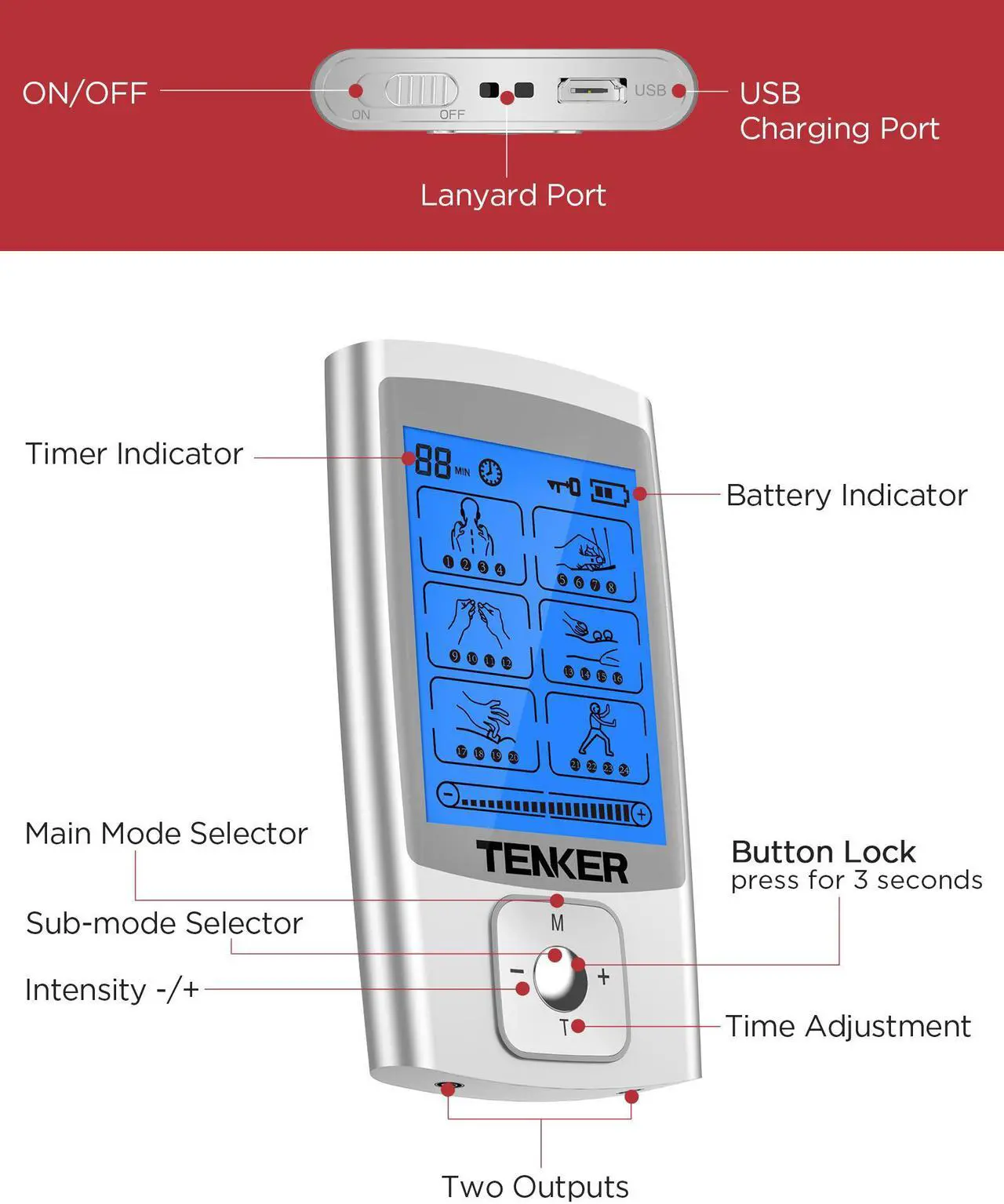 Alt view image 5 of 7 - TENKER TENS EMS Unit Muscle Stimulator, 24 Modes TENS Machine for Pain Relief & Muscle Strength Rechargeable Electronic Pulse Massager with 2"x2" and 2"x4" TENS Unit Electrode Pads