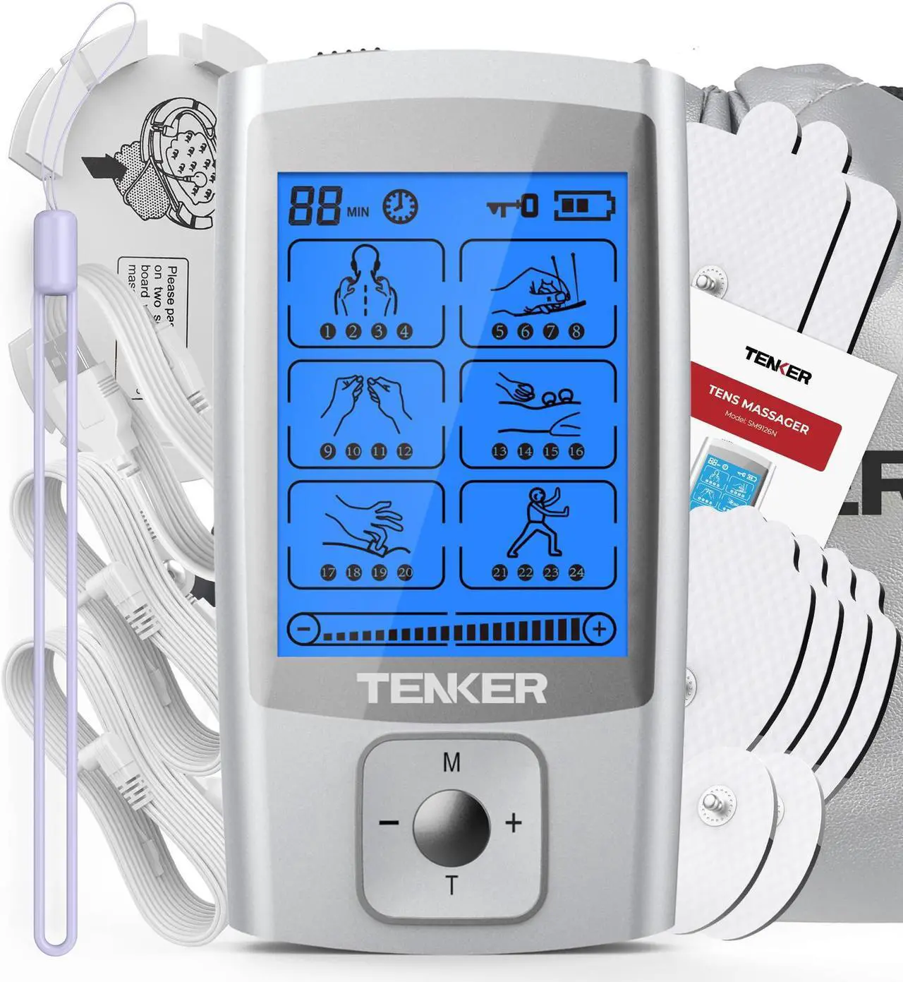 Main image of TENKER TENS EMS Unit Muscle Stimulator, 24 Modes TENS Machine for Pain Relief & Muscle Strength Rechargeable Electronic Pulse Massager with 2"x2" and 2"x4" TENS Unit Electrode Pads