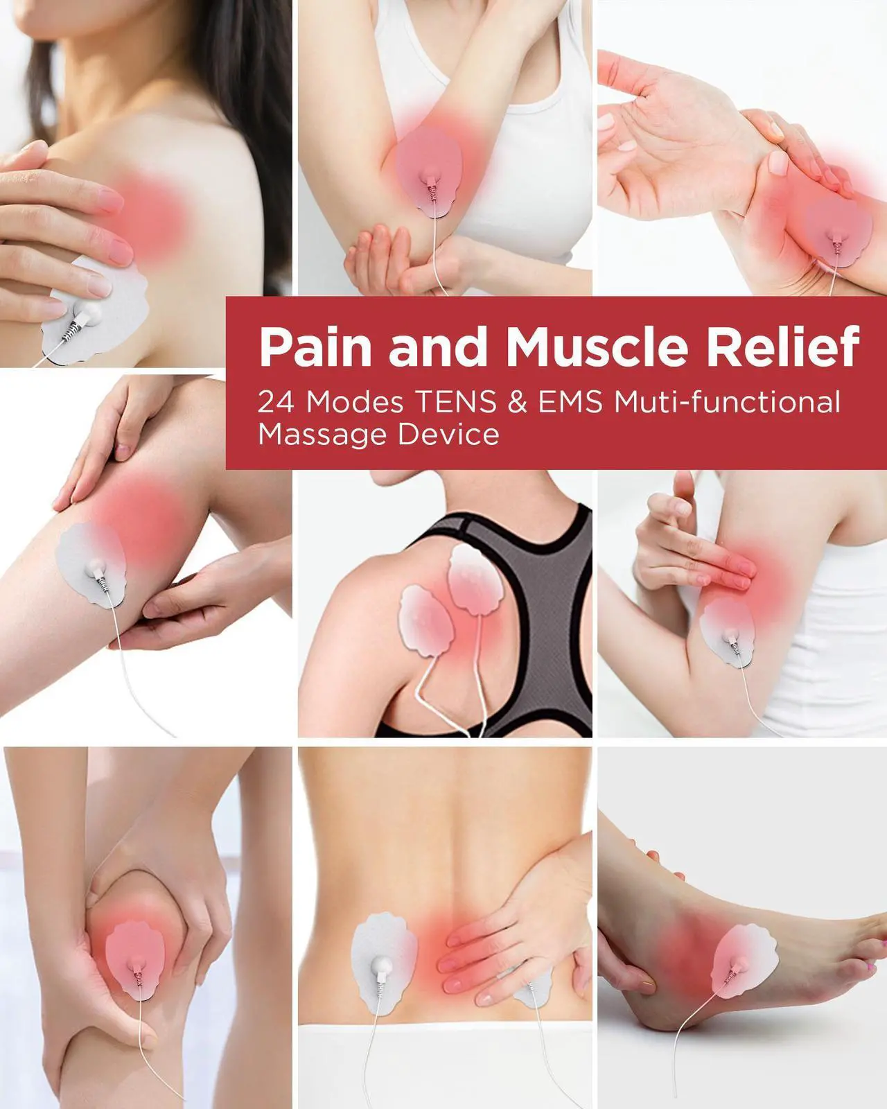 Alt view image 6 of 7 - TENKER TENS EMS Unit Muscle Stimulator, 24 Modes TENS Machine for Pain Relief & Muscle Strength Rechargeable Electronic Pulse Massager with 2"x2" and 2"x4" TENS Unit Electrode Pads