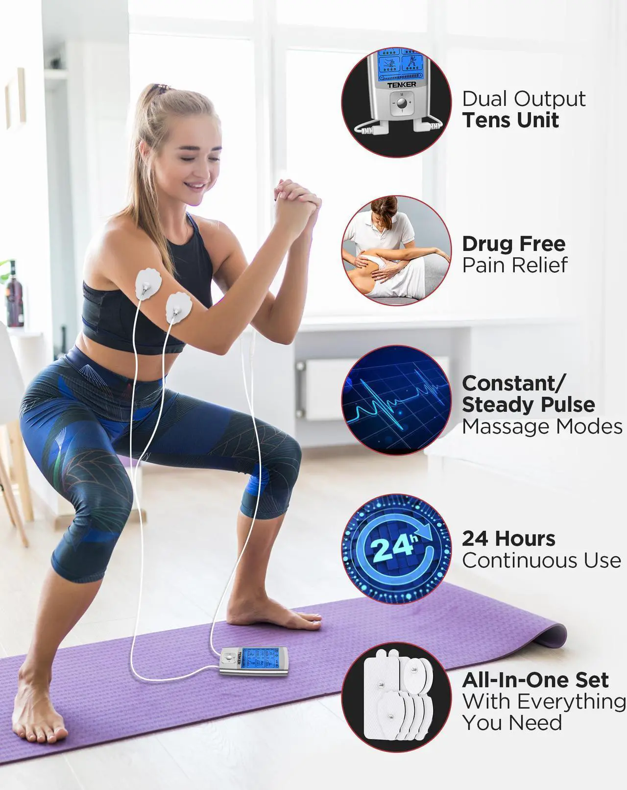 Alt view image 3 of 7 - TENKER TENS EMS Unit Muscle Stimulator, 24 Modes TENS Machine for Pain Relief & Muscle Strength Rechargeable Electronic Pulse Massager with 2"x2" and 2"x4" TENS Unit Electrode Pads