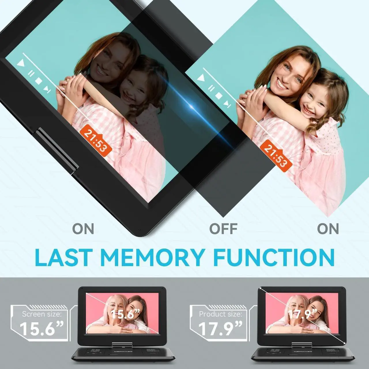 Alt view image 3 of 7 - DBPOWER 17.9" Portable DVD Player with 15.6" Large HD Swivel Screen, 6 Hour Rechargeable Battery, Support USB/SD and Multiple Disc Formats, High Volume Speaker, Car Charger, Remote Control