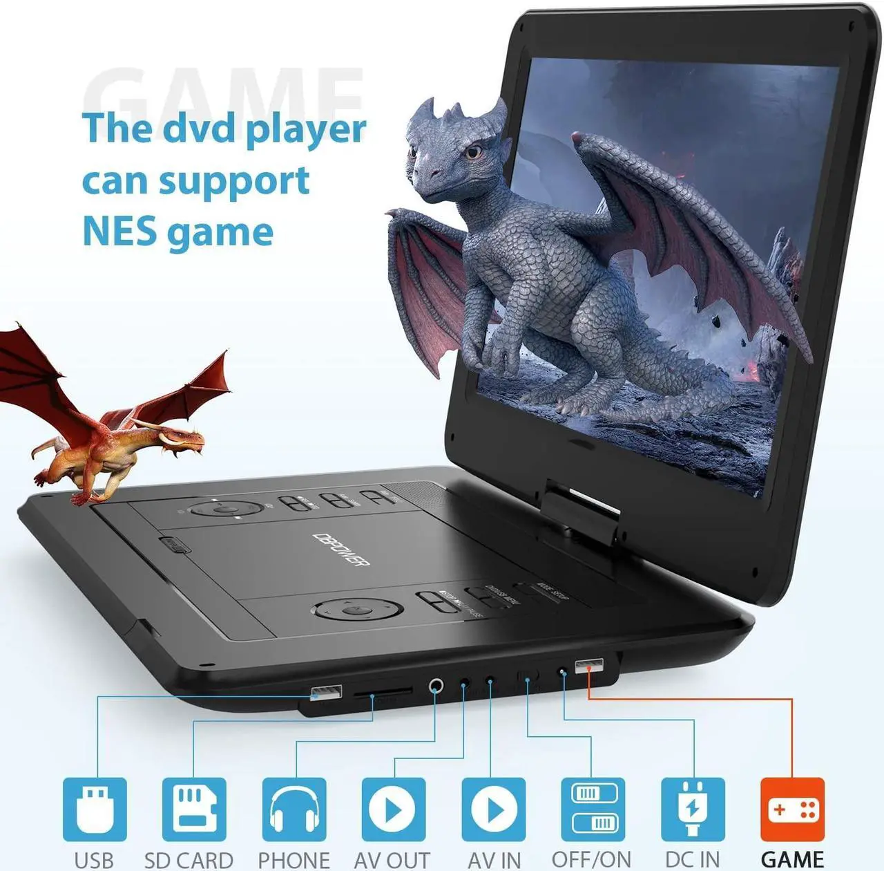 Alt view image 2 of 7 - DBPOWER 17.9" Portable DVD Player with 15.6" Large HD Swivel Screen, 6 Hour Rechargeable Battery, Support USB/SD and Multiple Disc Formats, High Volume Speaker, Car Charger, Remote Control