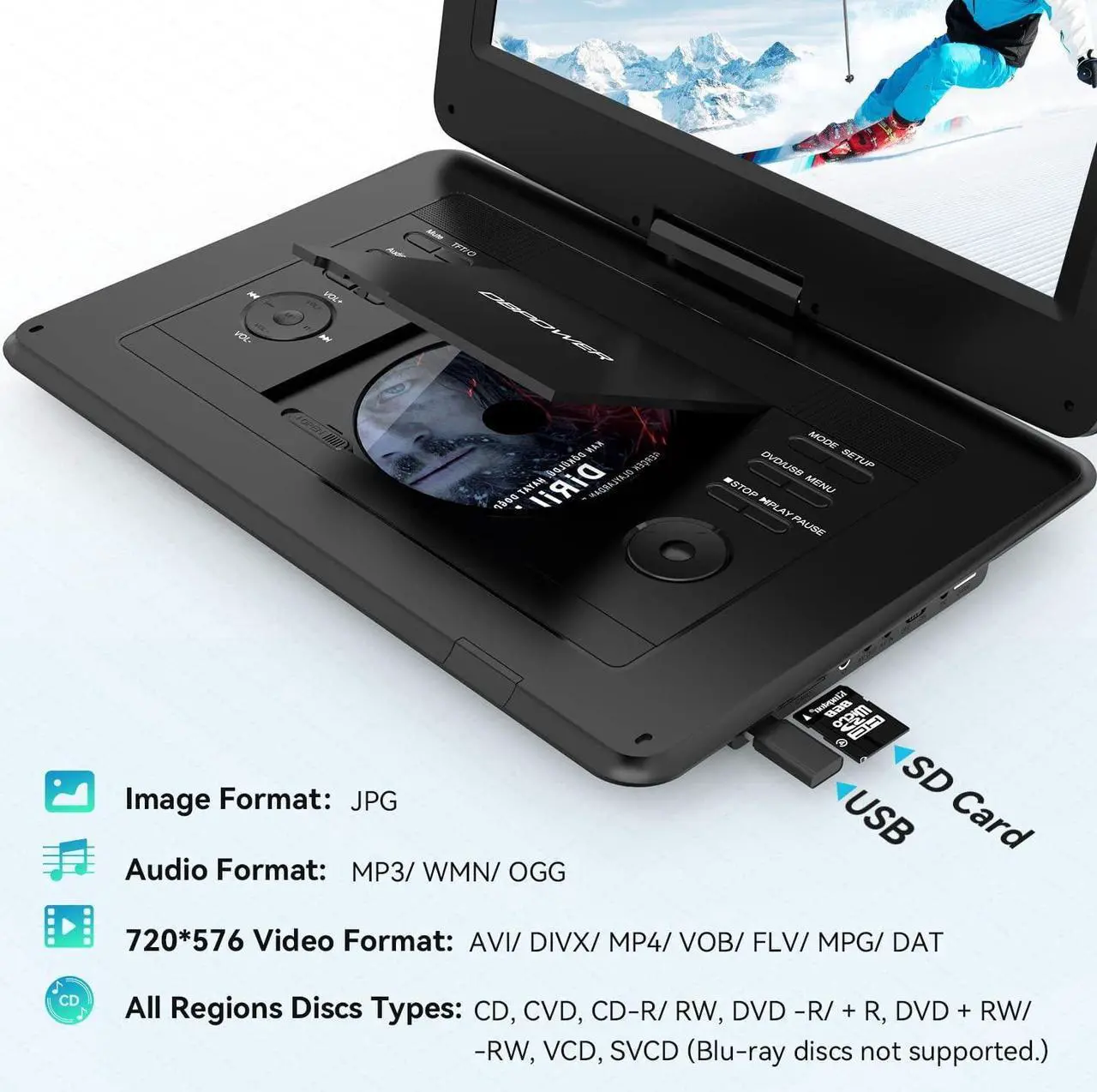 Alt view image 6 of 7 - DBPOWER 17.9" Portable DVD Player with 15.6" Large HD Swivel Screen, 6 Hour Rechargeable Battery, Support USB/SD and Multiple Disc Formats, High Volume Speaker, Car Charger, Remote Control