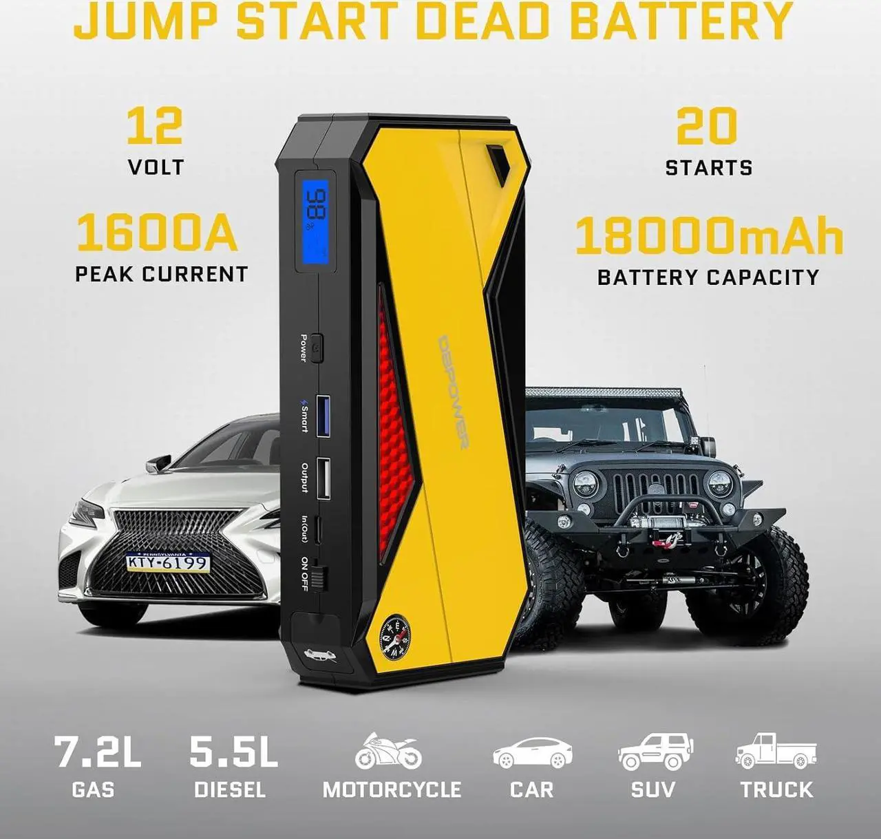 Alt view image 2 of 7 - DBPOWER 800A 18000mAh Portable Car Jump Starter (up to 7.2L Gas, 5.5L Diesel Engine) Battery Booster with Smart Charging Port (Storage Temperature 95°F)