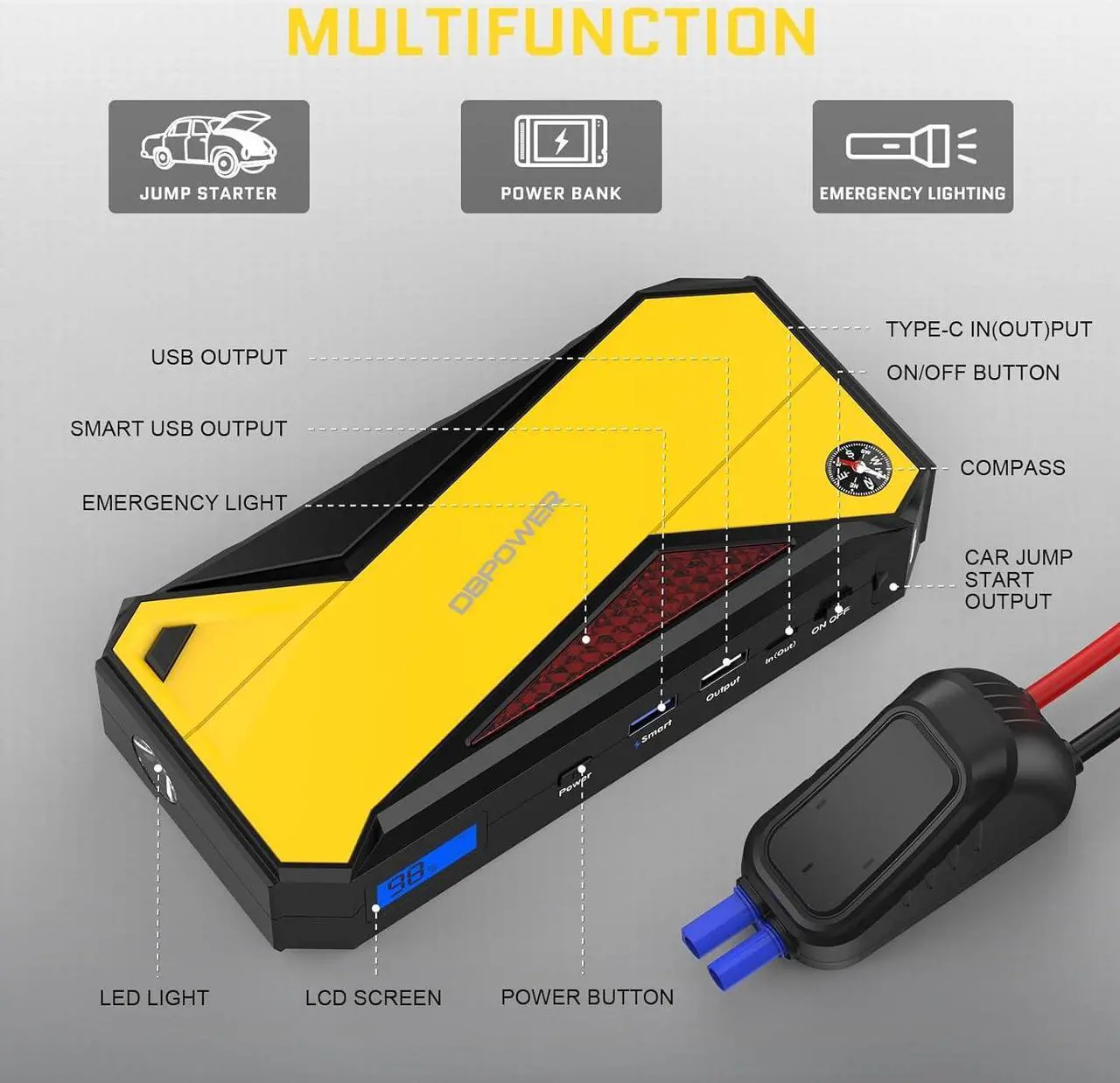Alt view image 3 of 7 - DBPOWER 800A 18000mAh Portable Car Jump Starter (up to 7.2L Gas, 5.5L Diesel Engine) Battery Booster with Smart Charging Port (Storage Temperature 95°F)